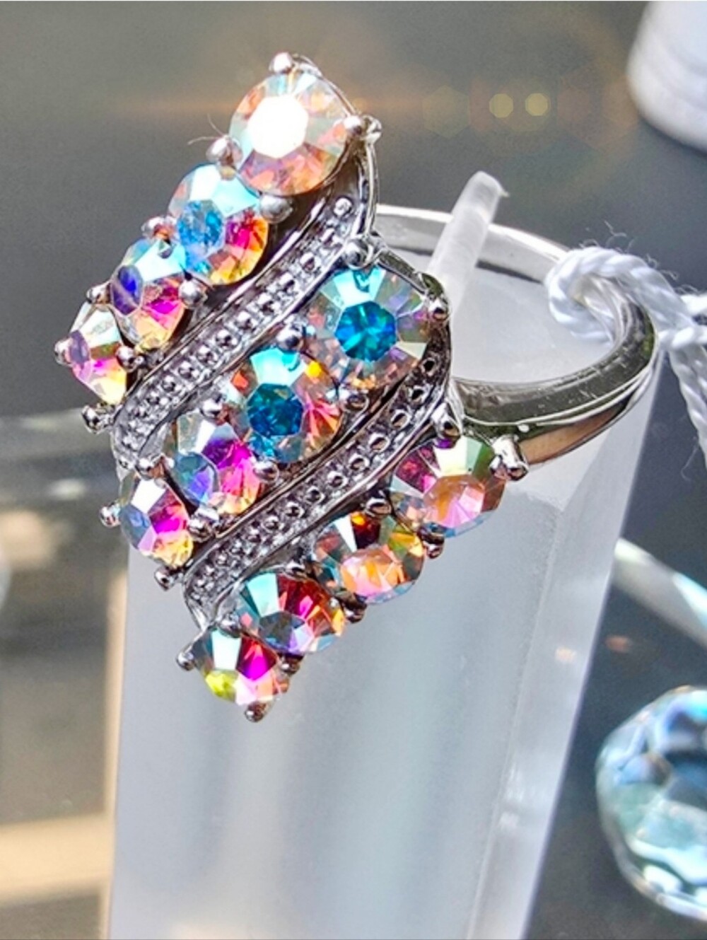 Artisan Aurora Borealis Swarovski Crystal Ring 925 w/ Platinum Overlay NWT Sz 6